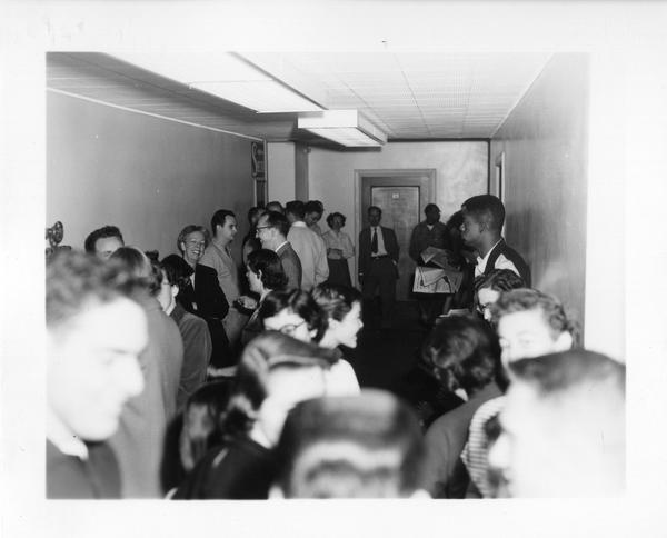 Powell Library during an air raid drill, April 24, 1954