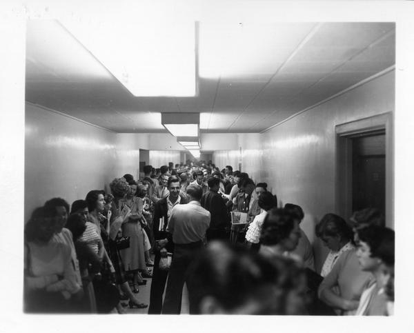 Powell Library during an air raid drill, April 24, 1954