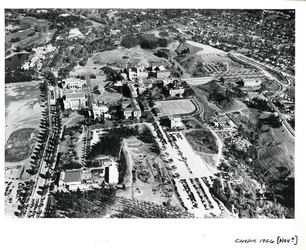Aerial view of Westwood campus, ca. 1940's