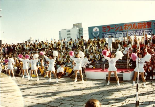 Japanese cheerleading team performing in front of crowd