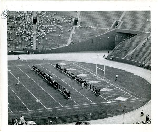 View of marching band performing