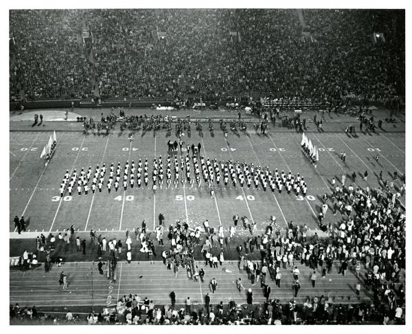 Marching band march in formation at UCLA vs. USC game, 1972