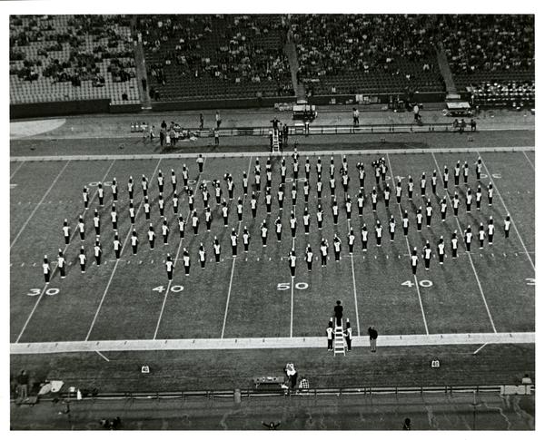 Marching band march in formation at UCLA vs. OSU game, 1971