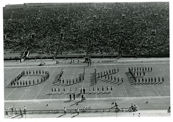 Marching band march in formation of "DUKE"
