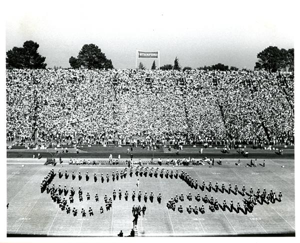Marching band march in formation at Stanford vs. UCLA game, 1971
