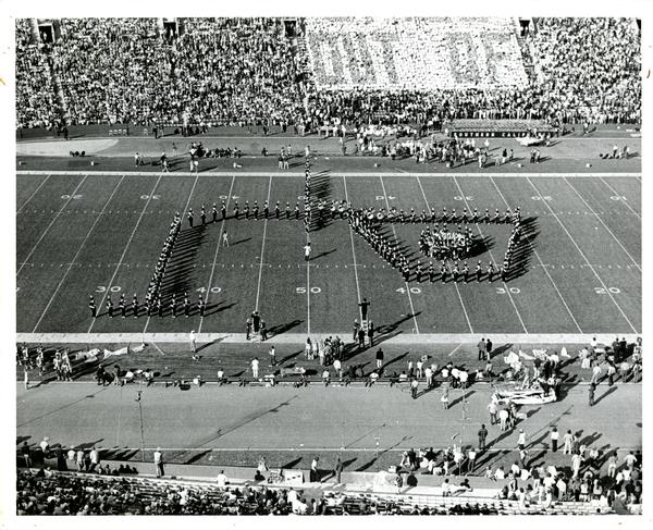 Marching band performing at UCLA vs. USC game, 1971