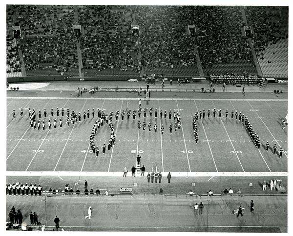 Marching band march in formation, 1971