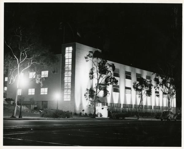 Boelter Hall exterior illuminated at night