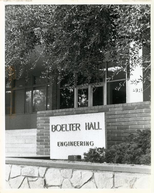 Front exterior view of Boelter Hall with name placard