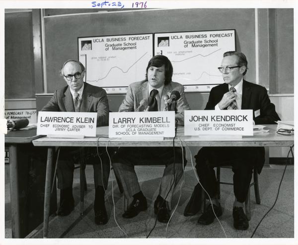 Lawrence Klein, Larry Kimbell, and John Kendrick at a Graduate School of Management news conference, September 23, 1976