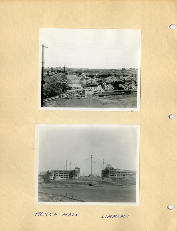 Two photographs of campus construction of Royce Hall and Library