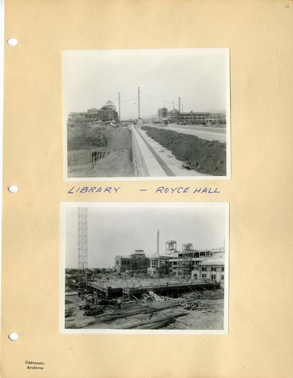 Two photographs of campus construction of Royce Hall and library