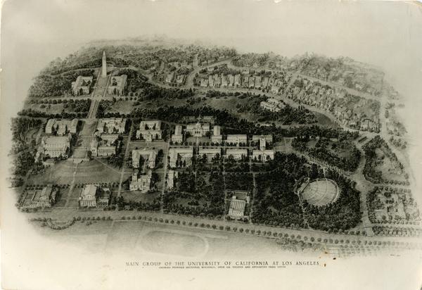 Drawing showing main Group of the University of California at Los Angeles showing proposed additional buildings, open air theater and approaches from south