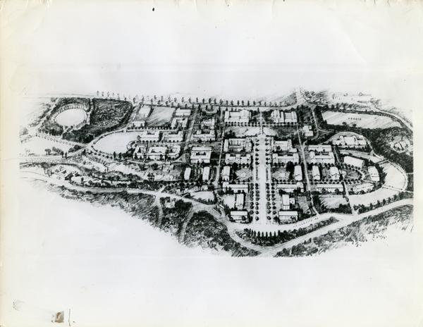 Architect's drawing of the general plan of the new building program for the UCLA