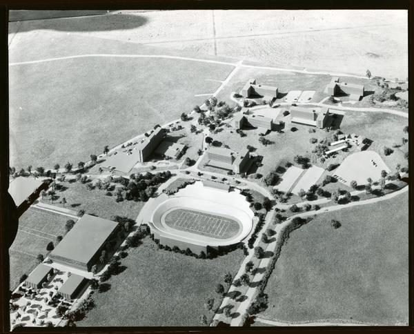 Architectural model of UCLA campus, focused on the football stadium
