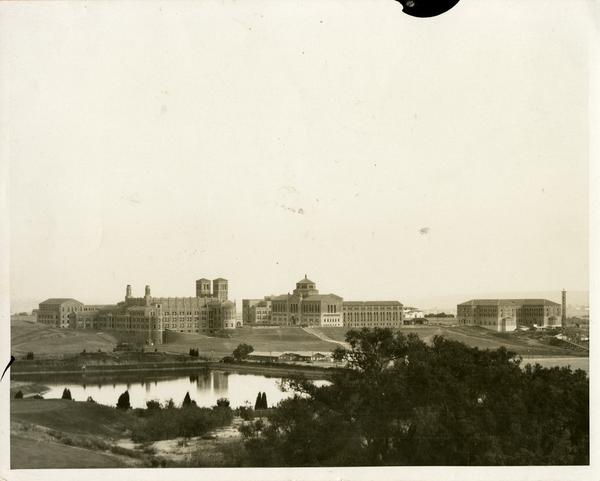 View of Powell Library, Royce Hall and Moore Hall from Bel Air, ca. 1930