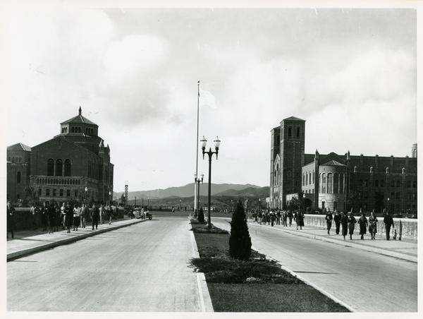 Looking west towards Powell Library and Royce Hall from Arroyo Bridge