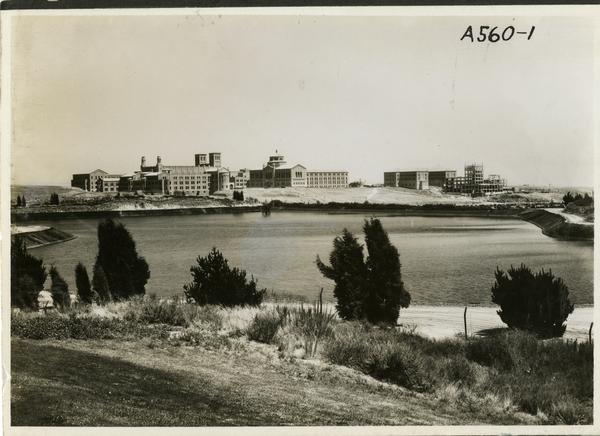 View of the Westwood campus from other side of arroyo, ca. 1930