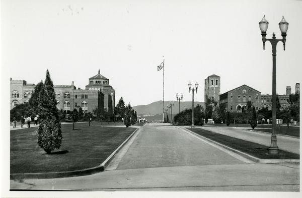 View of Powell Library and Royce Hall from Arroyo Bridge