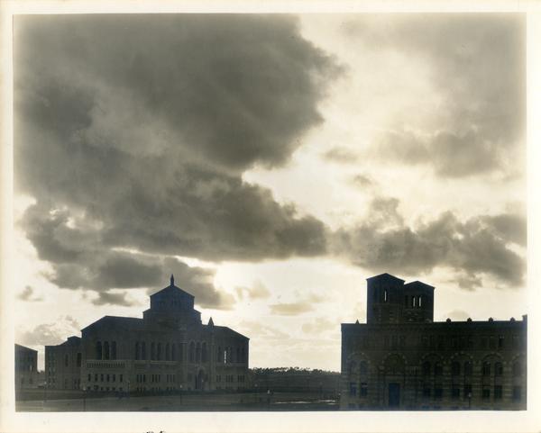 Looking Southwest towards Powell Library and Royce Hall on a cloudy day, 1930