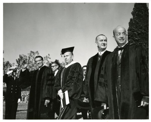 Mexican President Adolfo Lopez, UCLA Chancellor Franklin Murphy, President Lyndon B. Johnson, and UC President Clark Kerr, Charter Day 1964