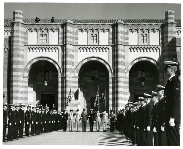 Military and color guard standing at attention, Charter Day 1964