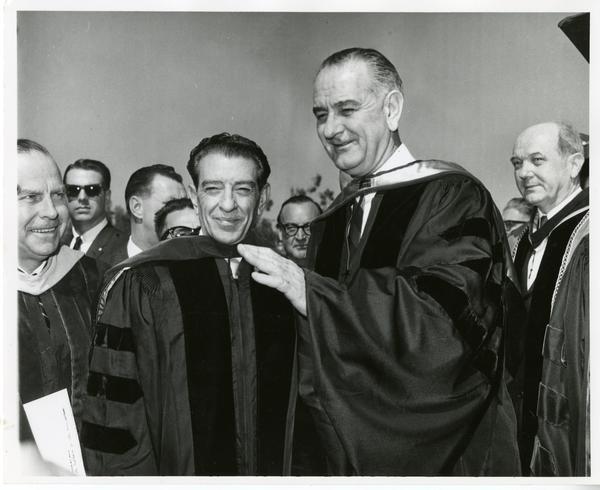 UCLA Chancellor Franklin Murphy, Mexican President Adolfo Lopez, President Lyndon B. Johnson, Secretary of State Dean Rusk with Governor Pat Brown in background on Charter Day 1964