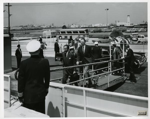 Emperor Haile Selassie of Ethiopia boarding Motor Yacht Argo, April 25, 1967