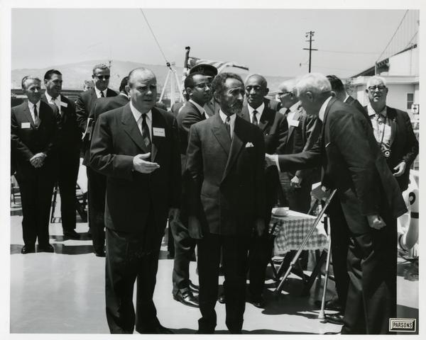 Emperor Haile Selassie of Ethiopia accepts greetings from man aboard Motor Yacht Argo, April 25, 1967