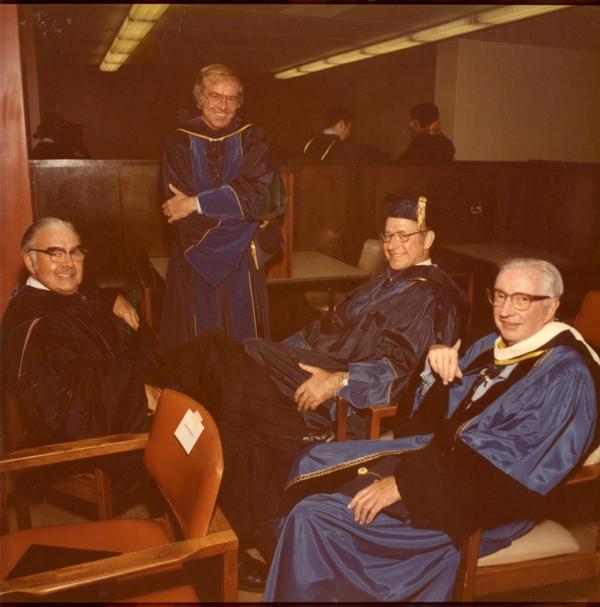 Thomas Cunningham, Judge Wiliam B. Keene, Roger Pettis and John Conaday, the Emeritus General Council on Charter Day, April 3, 1975