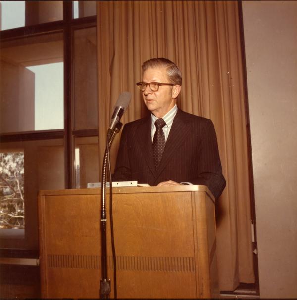 President Hitch speaking on Charter Day, April 3, 1975