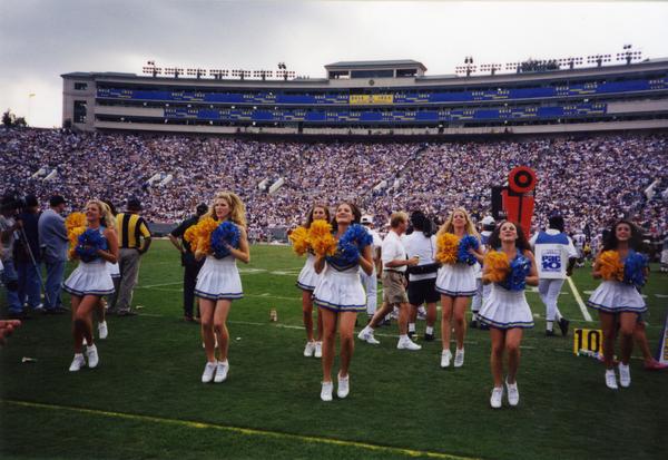 UCLA cheerleaders performing at a football game