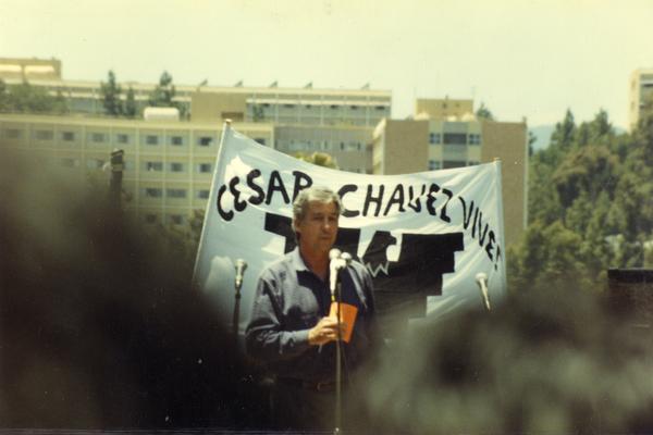 Activist Tom Hayden speaking at a Chicano/a student rally, 1993