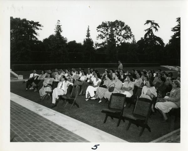 Crowd at an event outside the William Andrews Clark Library