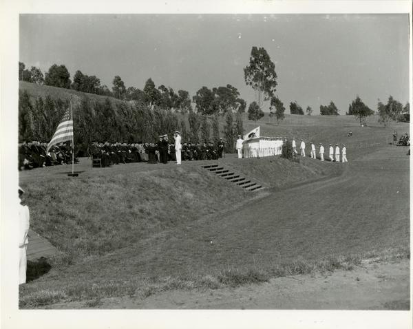 Side view of the stage at Commencement, circa 1940's