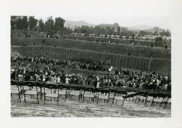 Looking towards stage from top of Open Air Theatre during Commencement, circa 1940's