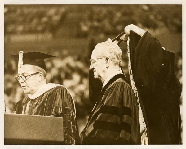 Man being hooded at Commencement, June 14, 1968