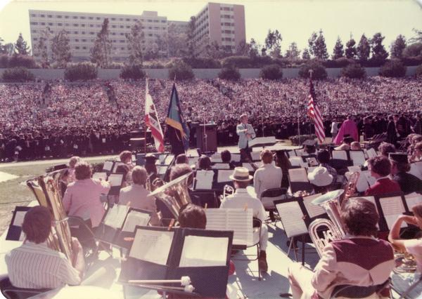 The UCLA band performing at commencement, June 1976