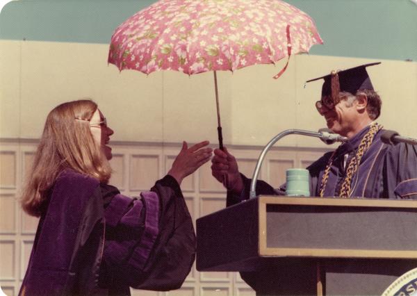 Darlene Walsh and Chancellor Charles E. Young at commencement, June 1976
