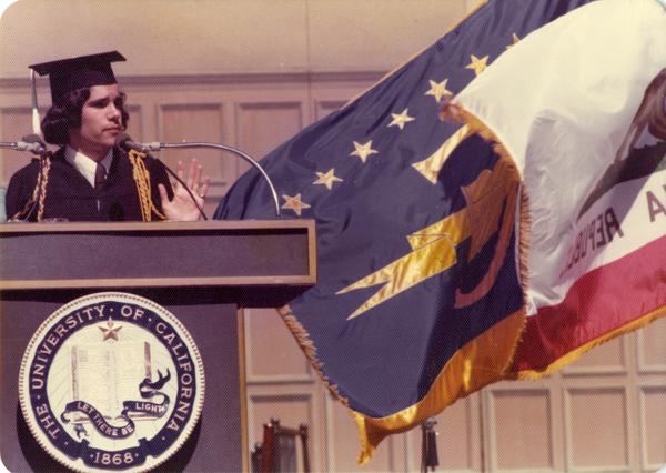 President Lindsey Connor of the Undergraduate Student Association addressing the crowds at commencement, June 1976