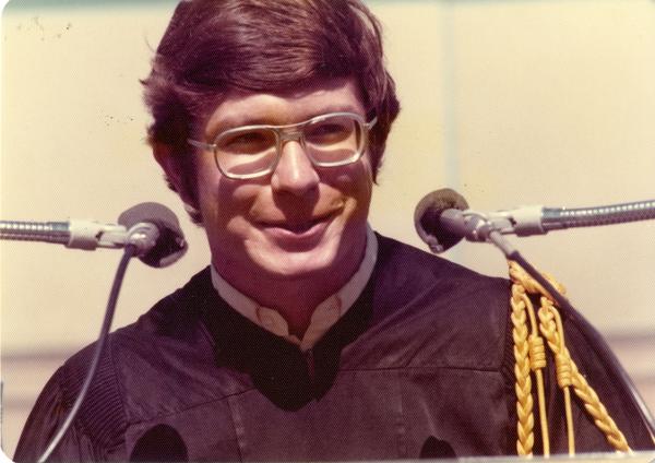Brian Budenholzer addressing the crowd at commencement, June 1976
