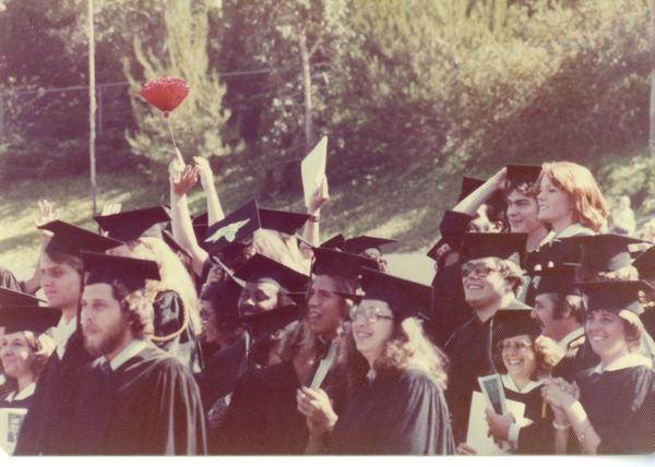 Crowds of graduates at commencement, June 1976