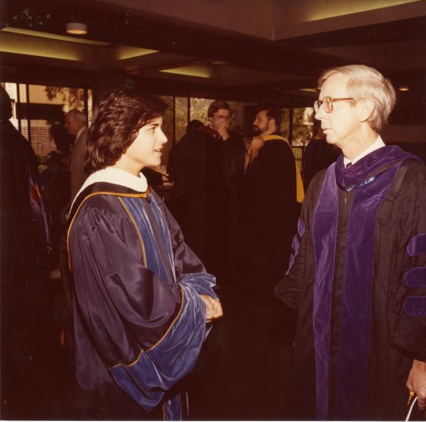 Members of the platform party converse before commencement, June 1979