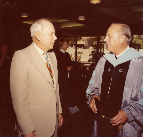 Members of the commencement talking before the ceremony, June 1979