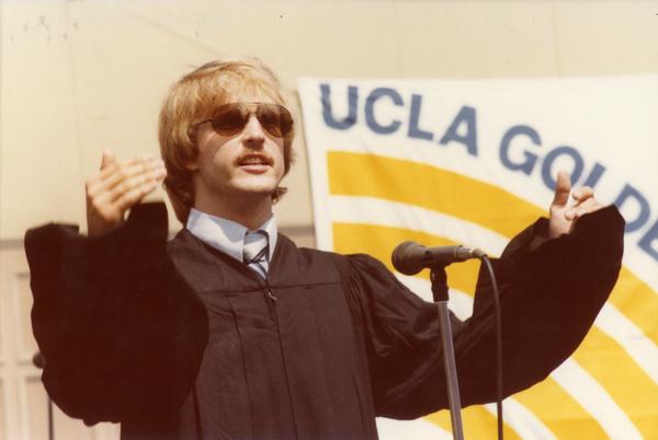 Student speaker addresses the crowds at commencement, June 1979