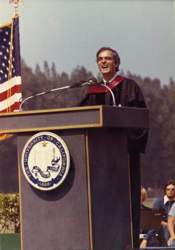 Member of the party platform addresses the crowd at commencement