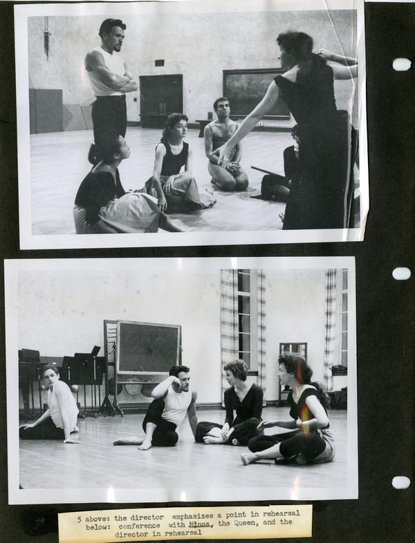 Picture above: The director addressing a point in rehearsal; Below: Conference with Minos, the Queen, and the director in rehearsal
