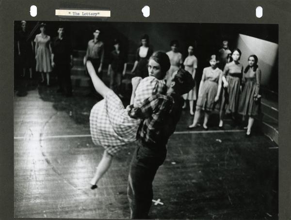Dancers practicing a move, ca. 1960's