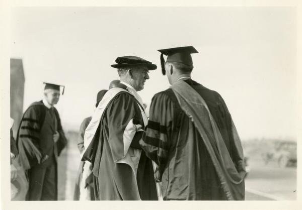 UC President William Wallace Campbell with unidentified man at the dedication of the Westwood campus, March 1930