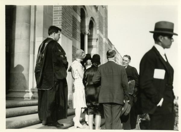 Dean Blyth Webster exiting Royce Hall at the dedication of the Westwood campus, March 1930